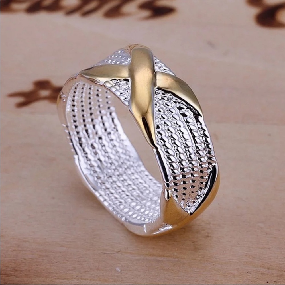 New 925 Silver Two Tone X beautiful Ring - Picture 1 of 4